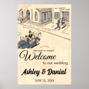 Vintage Old Funny Bride Groom Rustic Retro Wedding Poster