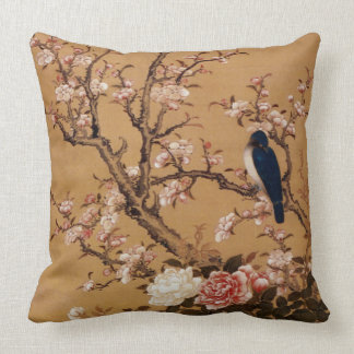 Vintage Old Japanese Painting of A Bird On A Tree Cushion