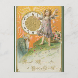 Vintage Old Man Young Angel With Clock New Year Postcard