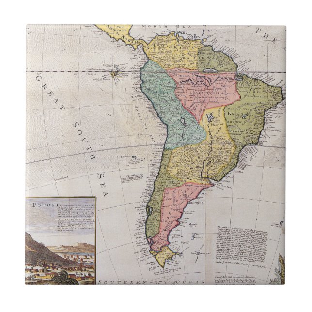 Vintage Old Map with Potosi Silver Engraving Tile (Front)