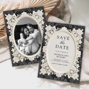 Vintage Old Money Black Ivory Doily Lace Wedding Save The Date