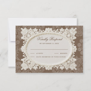 Vintage Old Money Brown Ivory Doily Lace Wedding RSVP Card