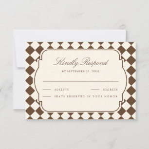 Vintage Old Money Ivory Brown Chequered Wedding RSVP Card