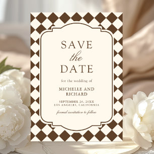 Vintage Old Money Ivory Brown Chequered Wedding Save The Date