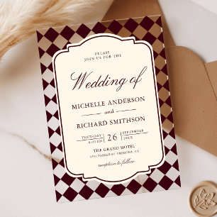 Vintage Old Money Ivory Burgundy Chequered Wedding Acrylic Invitations