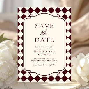 Vintage Old Money Ivory Burgundy Chequered Wedding Save The Date