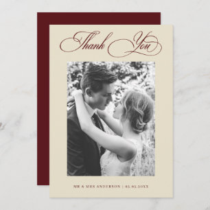 Vintage Old Money Ivory & Burgundy Photo Wedding Thank You Card