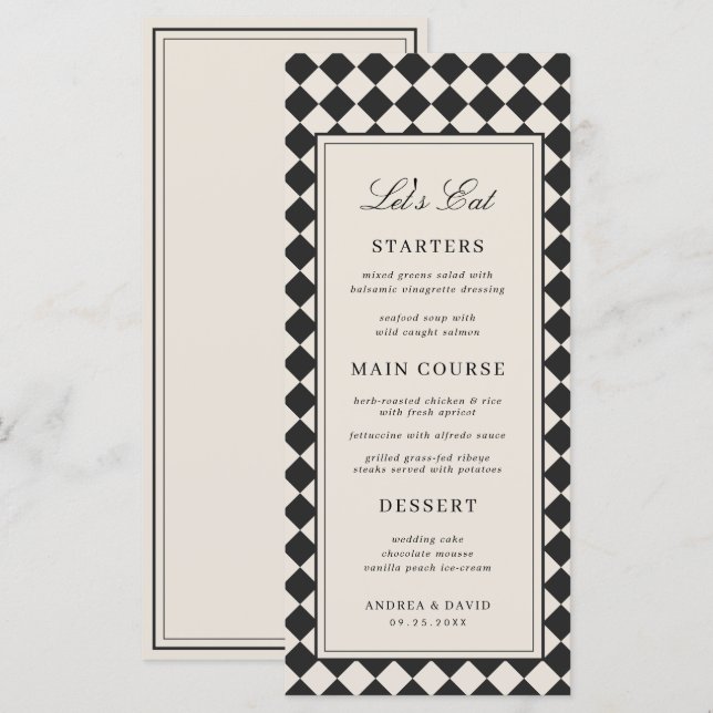 Vintage Old Money Preppy Checkered Retro Wedding Menu (Front/Back)