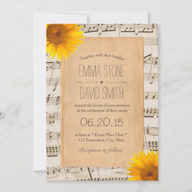 Vintage Old Music Sheet & Sunflowers Wedding Invitation (Front)