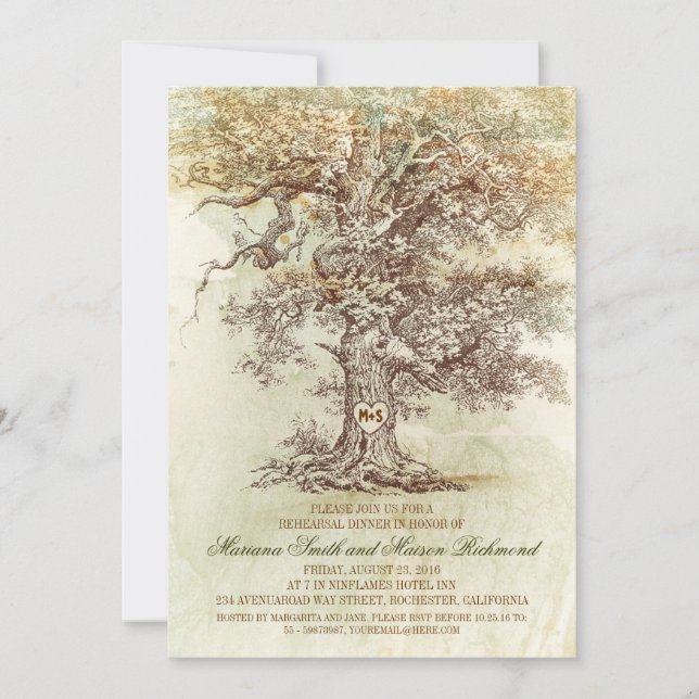 Vintage old oak tree rustic rehearsal dinner invitation (Front)