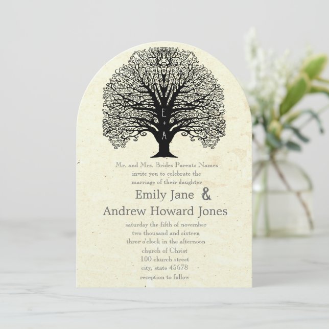 Vintage Old Paper Swirl Tree Wedding Invitations (Standing Front)