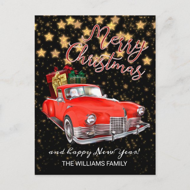 Vintage Old Red Car Merry Christmas Postcard (Front)