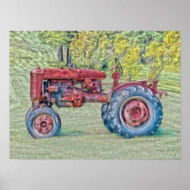 Vintage Old Red Rustic Farm Tractor Poster (Front)