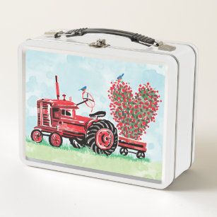 Vintage Old Red Tractor Floral Heart Metal Lunch Box