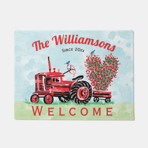 Vintage Old Red Tractor Floral Heart Welcome Doormat