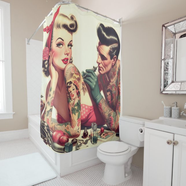 Vintage Old School Tattoo Couple Illustration Shower Curtain (In Situ)