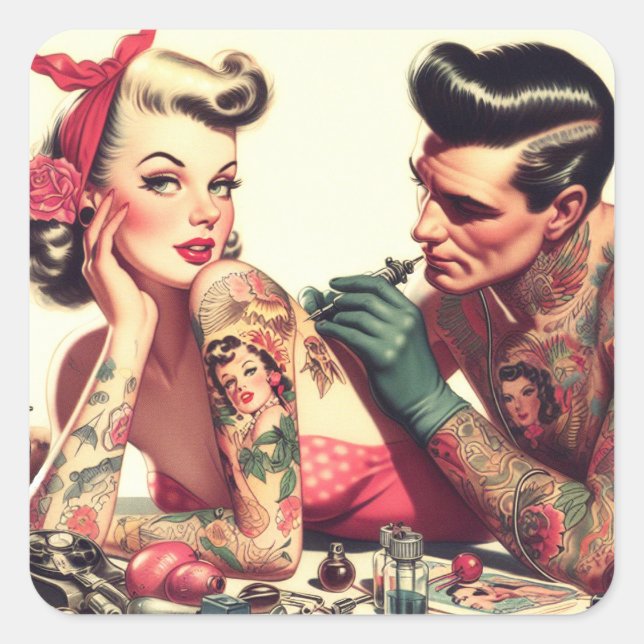 Vintage Old School Tattoo Couple Illustration Square Sticker (Front)