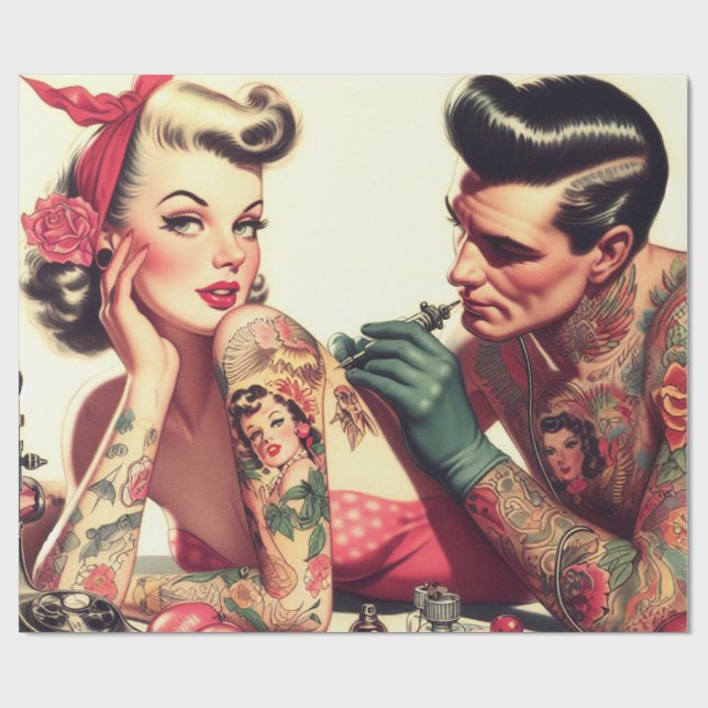 Vintage Old School Tattoo Couple Illustration Wrapping Paper (Flat)