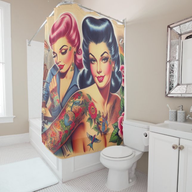 Vintage Old School Tattoo Girls Shower Curtain (In Situ)
