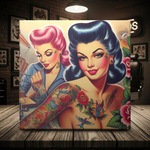 Vintage Old School Tattoo Girls Tile