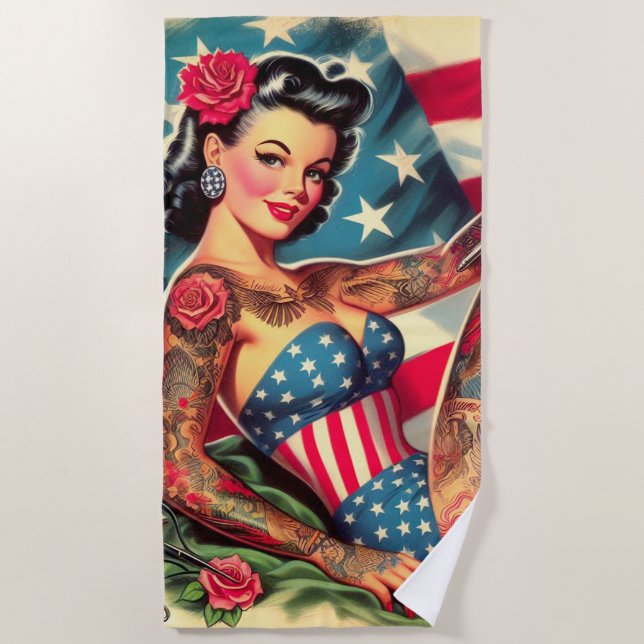 Vintage Old School Tattoo Pin Up Beach Towel (Front)