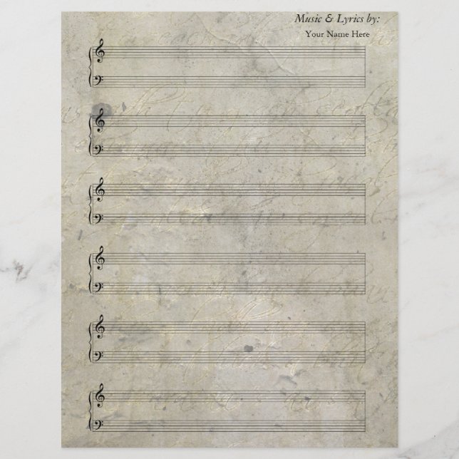 Vintage Old Stained Sheet Music Piano 6 Stave (Front)