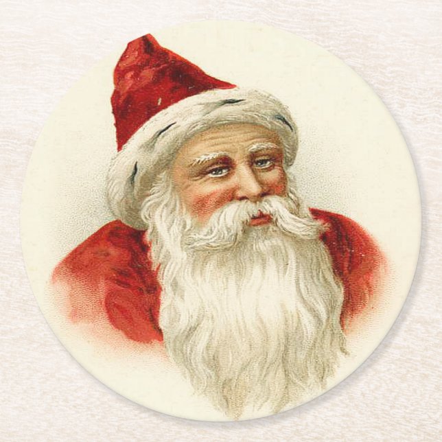 Vintage Old Time Santa Christmas Round Paper Coaster (Front)