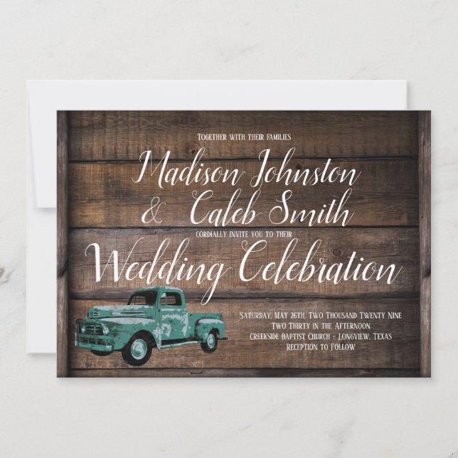 Vintage Old Truck Rustic Barn Wood Wedding Invitation (Front)