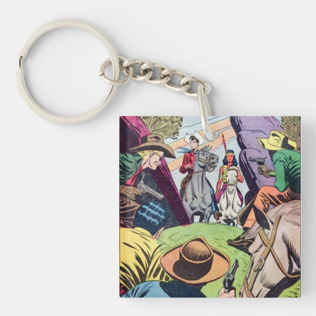 Vintage Old West Comic Book Scene Key Ring (Front)