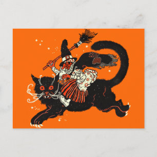 Vintage Old Witch Riding a Black Cat Postcard