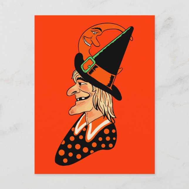 Vintage Old Witch with a Moon Postcard (Front)