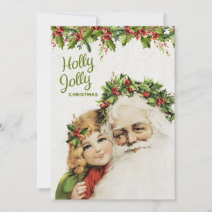 Vintage Old World Christmas Santa and Sweet Girl Holiday Card