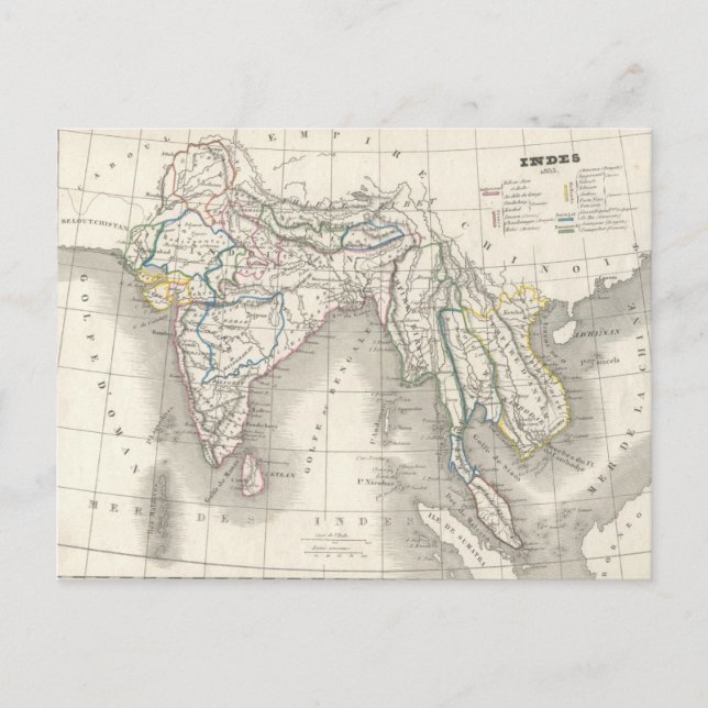 Vintage old world India map print postcard (Front)