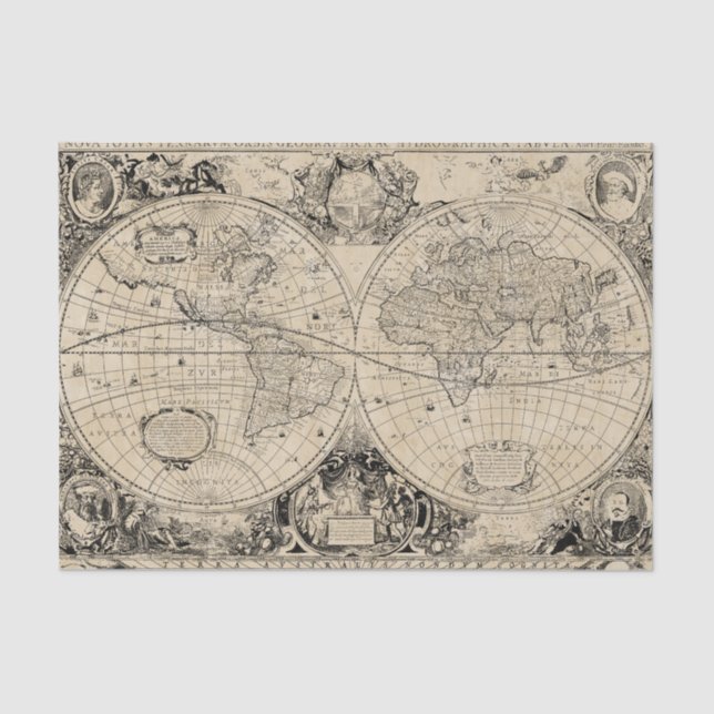 Vintage Old World Map Beige Tissue Paper (Front)