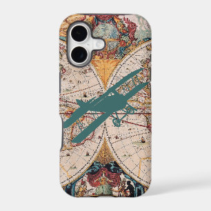 Vintage Old World Map Biplane Aviator Pilot Case