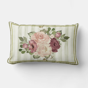 Vintage Olive/Cream Stripes with Cabbage Roses  Lumbar Cushion