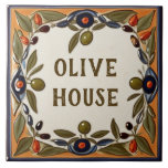 Vintage Olive Custom House Name Plate Plaque Sign Tile<br><div class="desc">"custom house name plate",  "personalised house name plaque",  "personal customised text sign",  "olive farm casa ceramic tile",  "mediterranean green olives fruit",  "vintage yellow farmer art",  "traditional summer vacation nature",  "last family name surname",  "farmhouse holiday home signage",  "decorative rustic farming villa"</div>