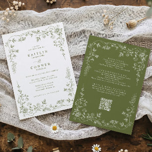 Vintage Olive French Floral All in One Wedding Invitation