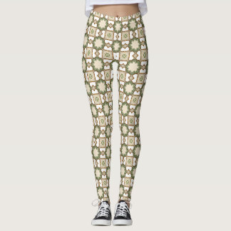 Vintage Olive Green Floral Geometric Pattern Leggings
