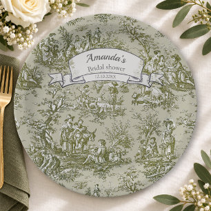 Vintage Olive Green Floral Toile Bridal Shower Paper Plate