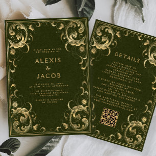 Vintage Olive Green Gold Frame QR Code Wedding Invitation