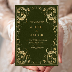 Vintage Olive Green Gold Frame Wedding Invitation