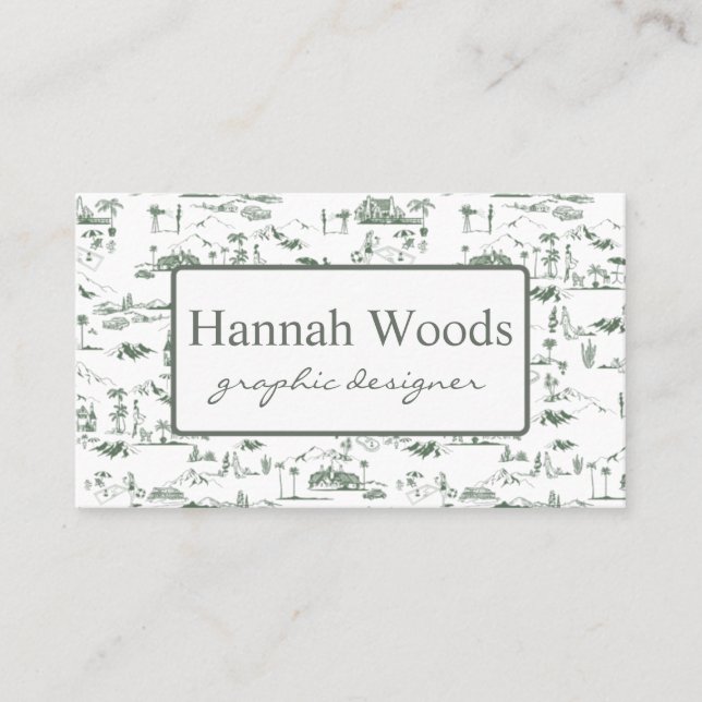 Vintage Olive Green Hollywood Hills Toile Business Card (Front)