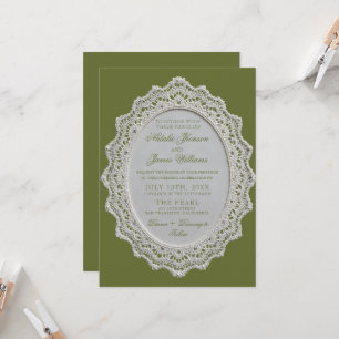 Vintage Olive Green Lace Doily Old Money Wedding  Invitation