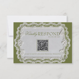 Vintage Olive Green Lace Retro QR Code Wedding RSVP Card