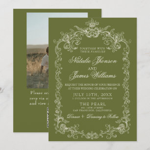 Vintage Olive Green Money Photo QR Code Wedding Invitation