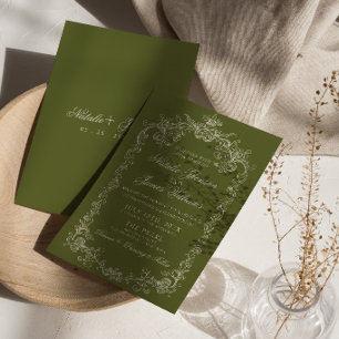 Vintage Olive Green Old Money Fancy Wedding Invitation