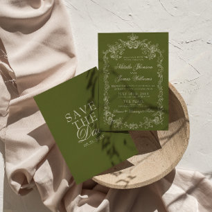 Vintage Olive Green Old Money Fancy Wedding Save The Date