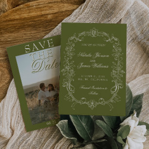 Vintage Olive Green Photo Old Money Wedding Save The Date