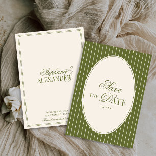 Vintage Olive Green Stripes Old Money Wedding Save The Date